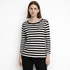 Joan Vass Black White Striped Long Sleeve Tee XS | 100% Rayon Relaxed Fit Top
